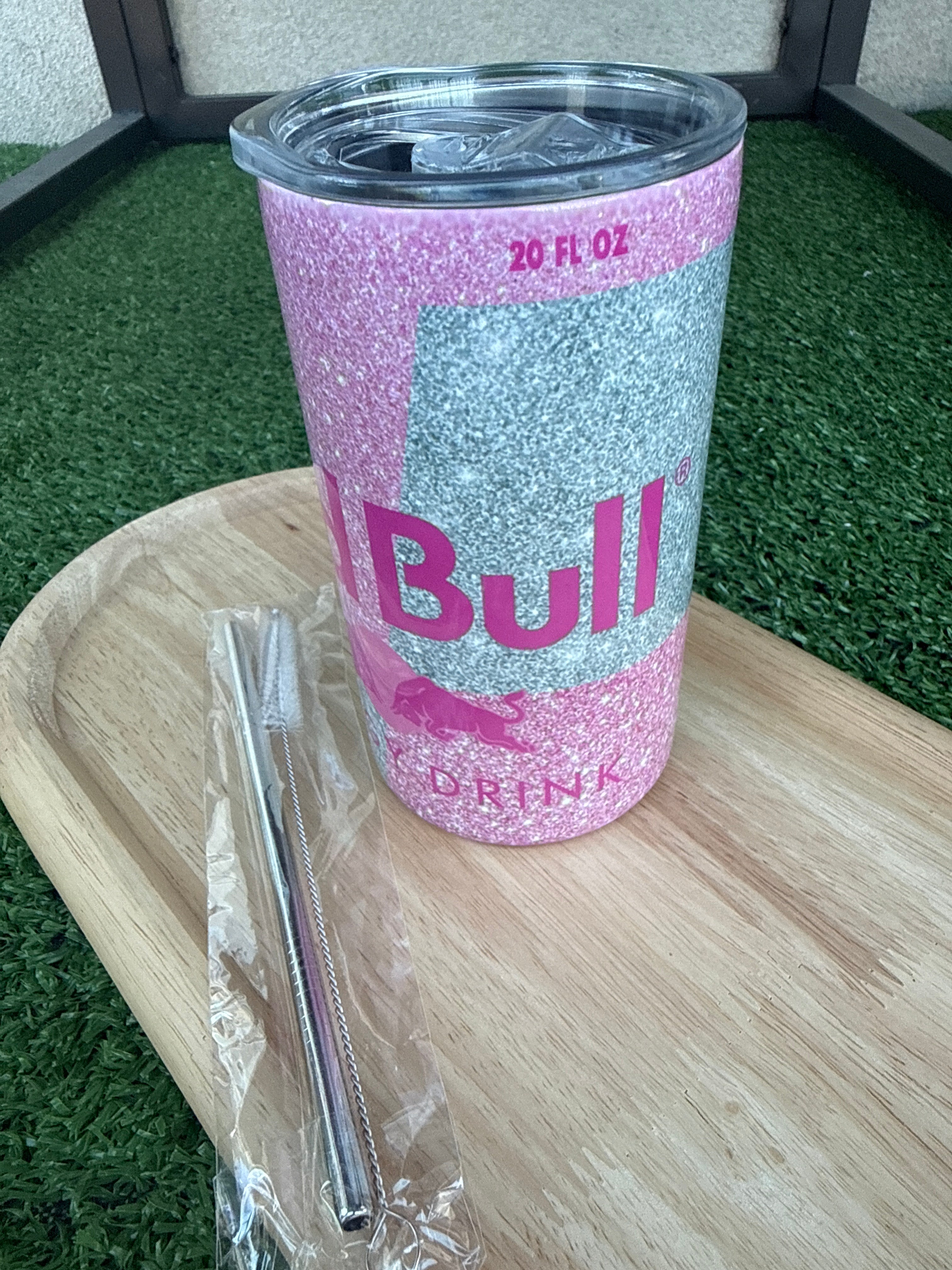 Mini Tumbler 355 ml Rose & Gris avec Paille et Goupillon – Gobelet Réutilisable Compact
