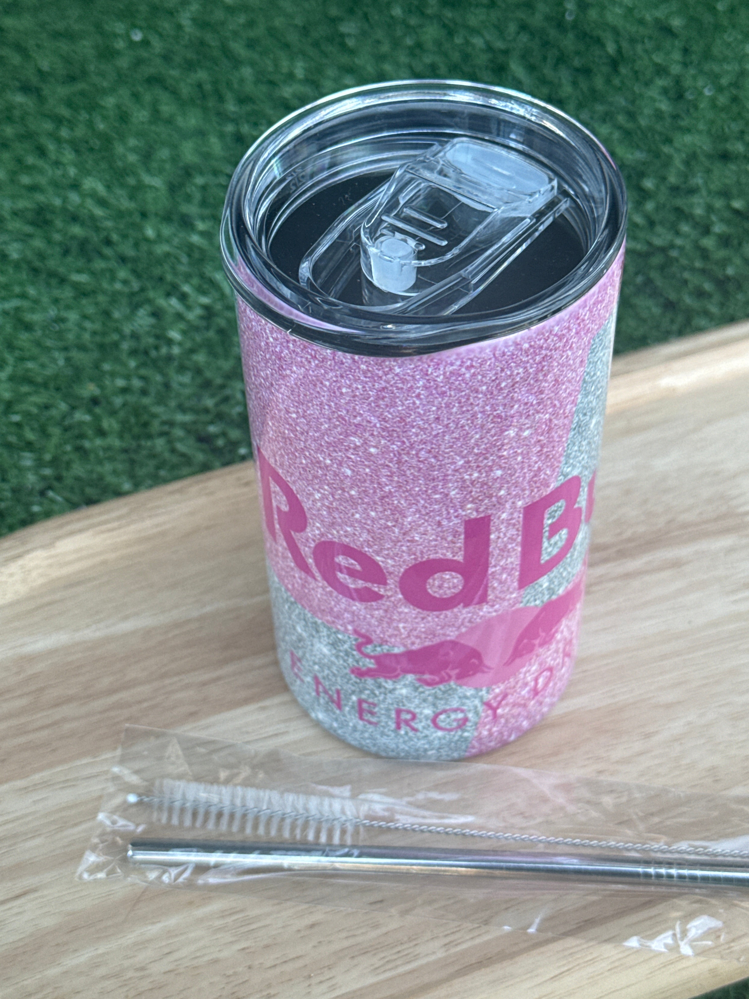 Mini Tumbler 355 ml Rose & Gris avec Paille et Goupillon – Gobelet Réutilisable Compact
